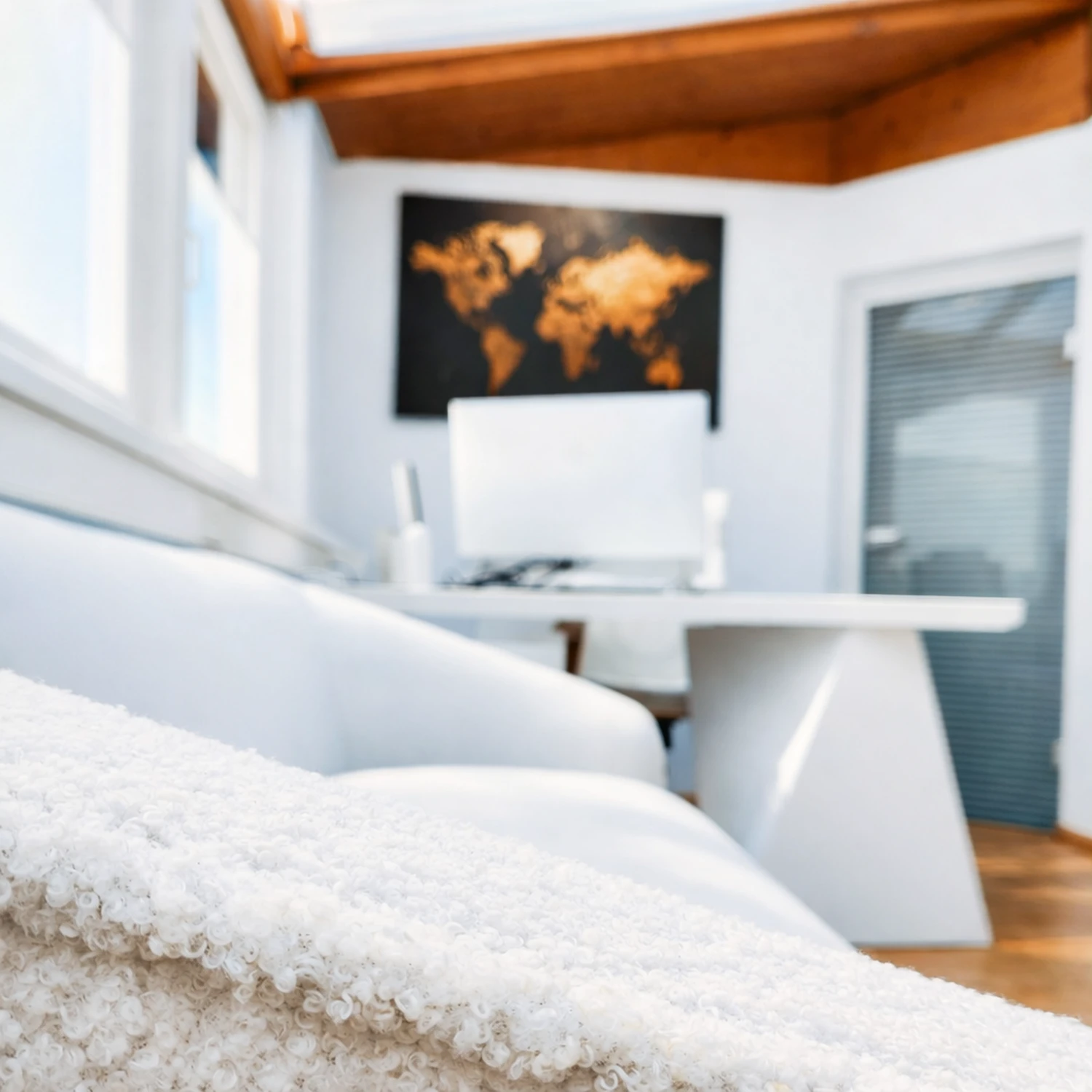 J´ARCADIA´N - International Neurosurgical Consulting - This image features a modern office desk and chair set, which may be paired with a decorative golden world map wall art.